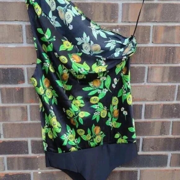 Cami NYC Darby Silk Charmeuse Bodysuit One Shoulder Kiwi Print Black L NWOT - Picture 6 of 8